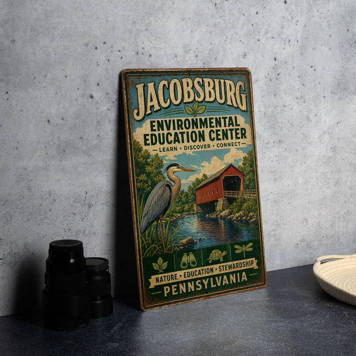 A vintage-style sign for the Jacobburg Environmental Education Center, featuring a blue heron and a red bridge, is displayed on a gray countertop.