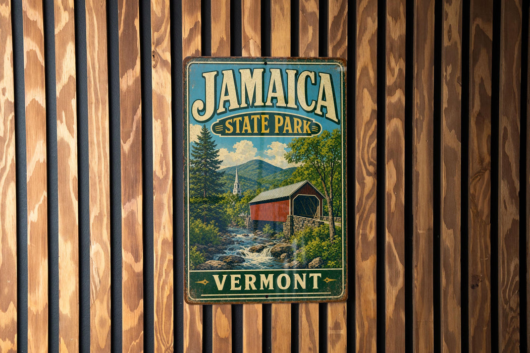 A vintage metal sign for Jamaica State Park in Vermont, featuring a scenic image of a covered bridge and a mountain backdrop.