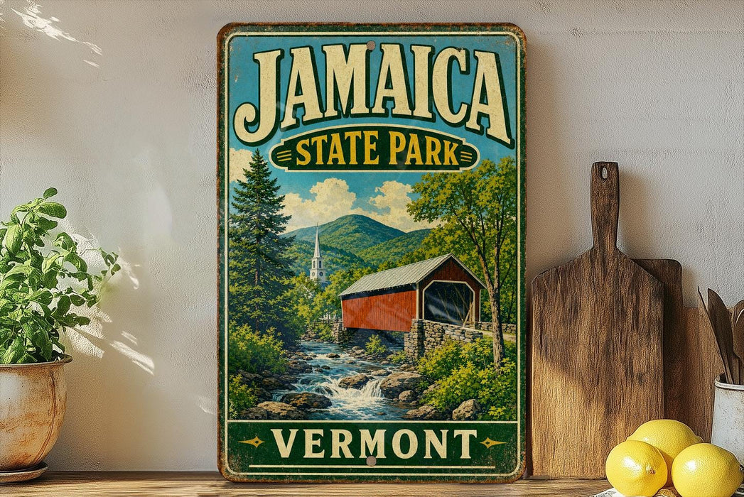 A vintage-style metal sign for Jamaica State Park in Vermont, featuring a scenic landscape with a covered bridge and mountains in the background.