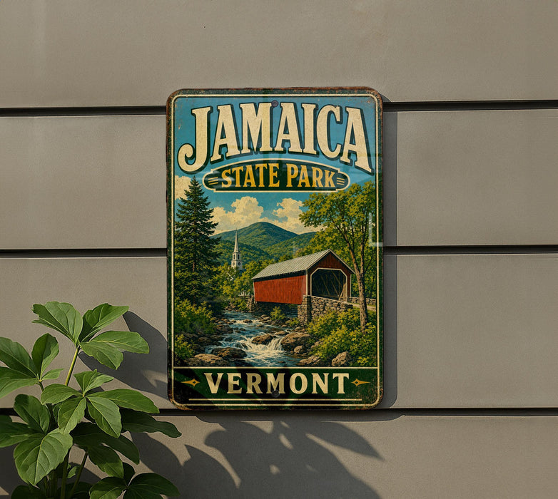 A vintage-style metal sign for Jamaica State Park in Vermont, featuring a scenic landscape with a covered bridge and mountains in the background.