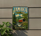A vintage-style metal sign for Jamaica State Park in Vermont, featuring a scenic landscape with a covered bridge and mountains in the background.