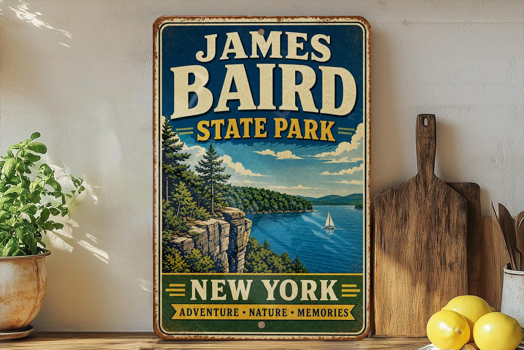 A vintage-style sign for James Baird State Park in New York, featuring a scenic landscape with a lake, mountains, and a sailboat.