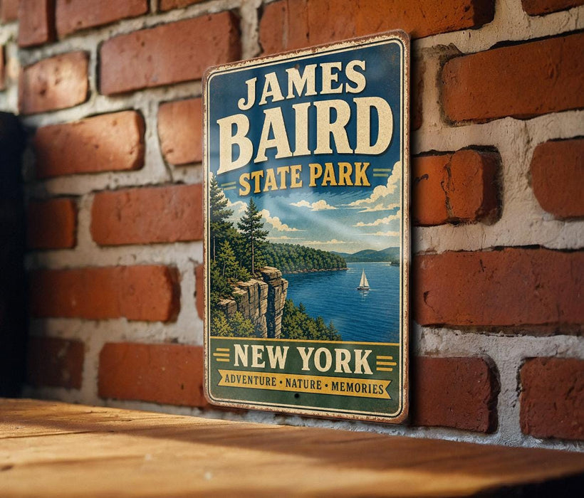 A vintage-style metal sign for James Baird State Park in New York, featuring a scenic landscape with a lake, mountains, and a sailboat.