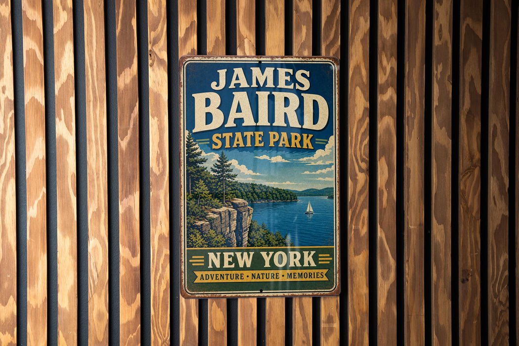 A vintage-style metal sign for James Baird State Park in New York, featuring a scenic landscape with a lake, cliffs, and a sailboat.