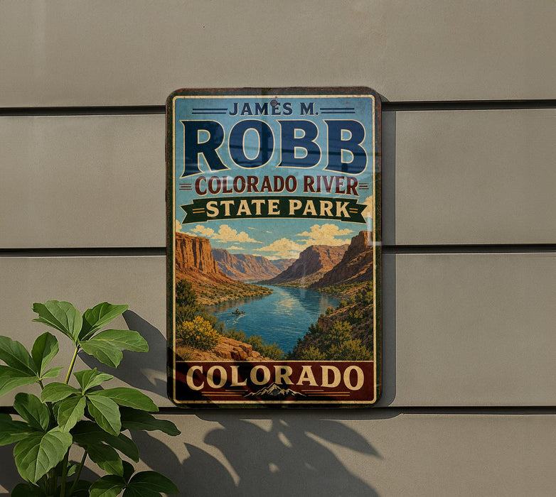 A vintage-style sign for James M. Robb Colorado River State Park, featuring a scenic landscape with mountains, a river, and a cloudy sky.