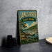A vintage-style sign for James River State Park in Virginia, featuring a scenic illustration of a river and forest landscape.