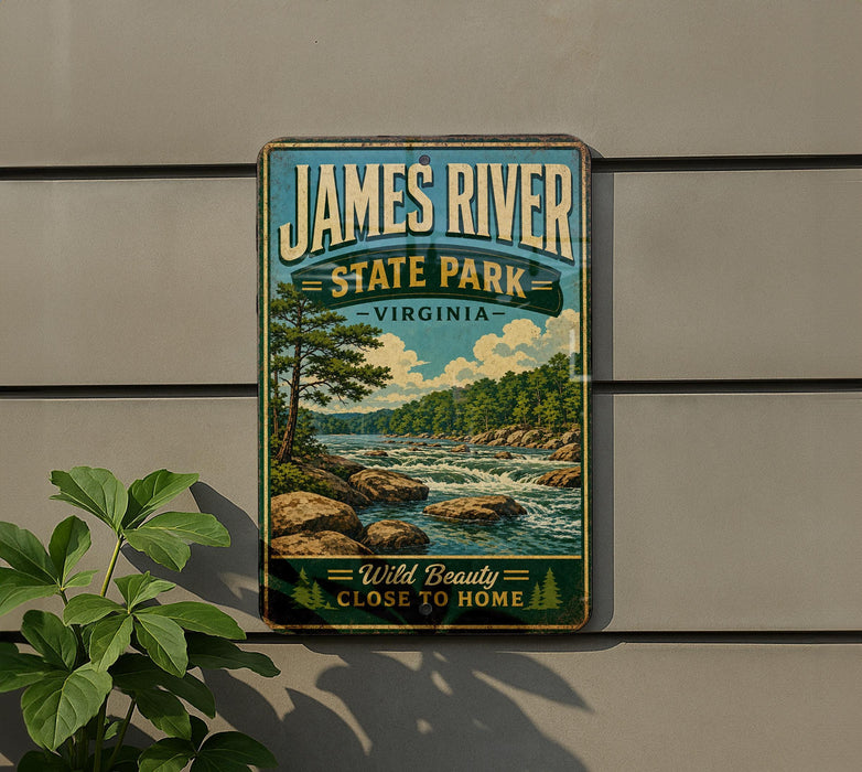 A vintage-style sign for James River State Park in Virginia, featuring a scenic landscape with a river, trees, and mountains.