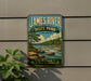 A vintage-style sign for James River State Park in Virginia, featuring a scenic landscape with a river, trees, and mountains.