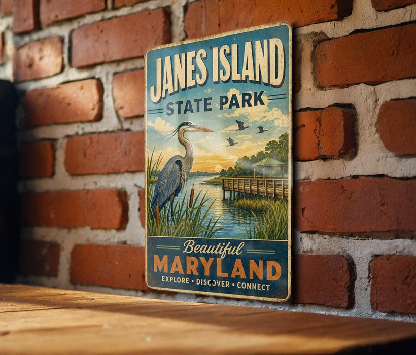 A vintage-style metal sign for "Jane's Island State Park" is displayed on a brick wall, featuring an illustration of a heron and a bridge over a river.
