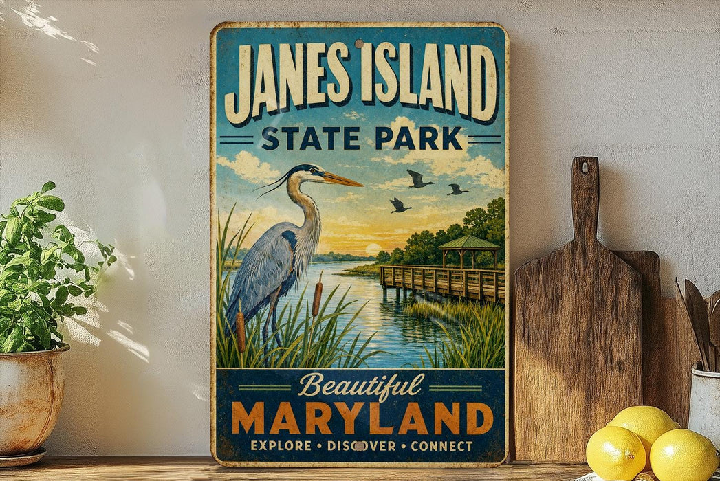 A vintage-style sign for "Jane's Island State Park" featuring a heron and a wooden pier, with the text "Beautiful Maryland" and "Explore, Discover, Connect" below.