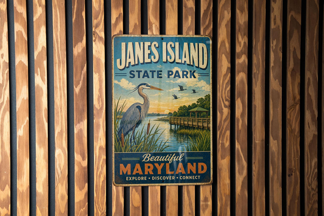 A vintage metal sign for James Island State Park, featuring an illustration of a heron and a scenic landscape.