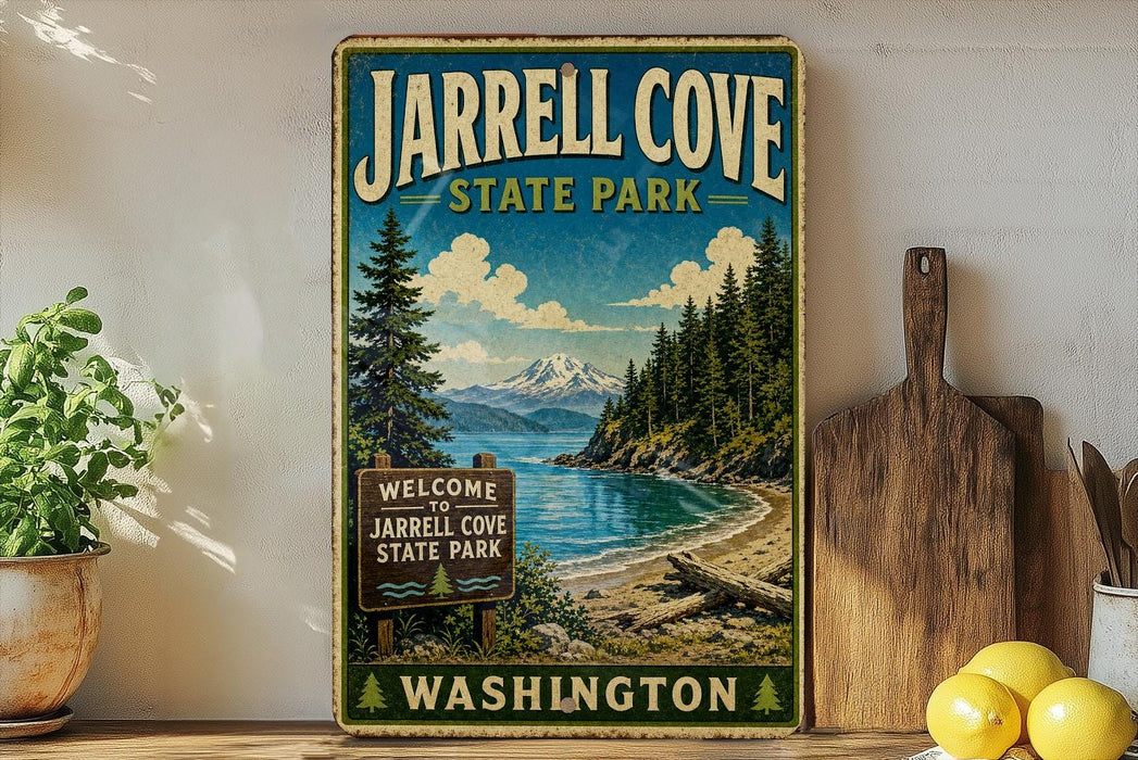 A vintage-style sign for Jarrell Cove State Park in Washington, featuring a scenic landscape with a lake, mountains, and pine trees.