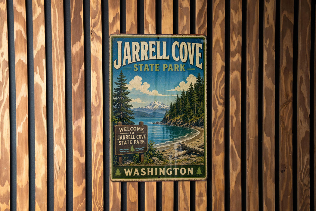 A vintage-style metal sign for Jarrell Cove State Park in Washington, featuring a scenic landscape with pine trees, a mountain, and a body of water.