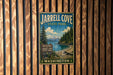 A vintage-style metal sign for Jarrell Cove State Park in Washington, featuring a scenic landscape with pine trees, a mountain, and a body of water.