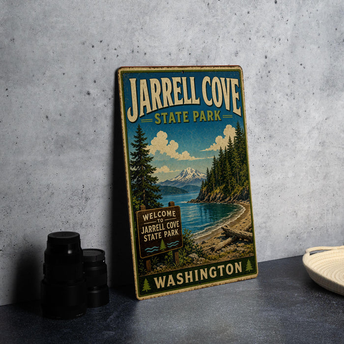 A vintage-style metal sign for Jarrell Cove State Park, featuring a scenic landscape with a mountain, pine trees, and a lake.