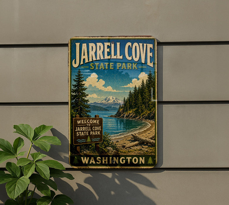 A vintage-style sign for Jarrell Cove State Park in Washington, featuring a scenic landscape with pine trees, a mountain, and a beach.
