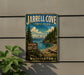 A vintage-style sign for Jarrell Cove State Park in Washington, featuring a scenic landscape with pine trees, a mountain, and a beach.