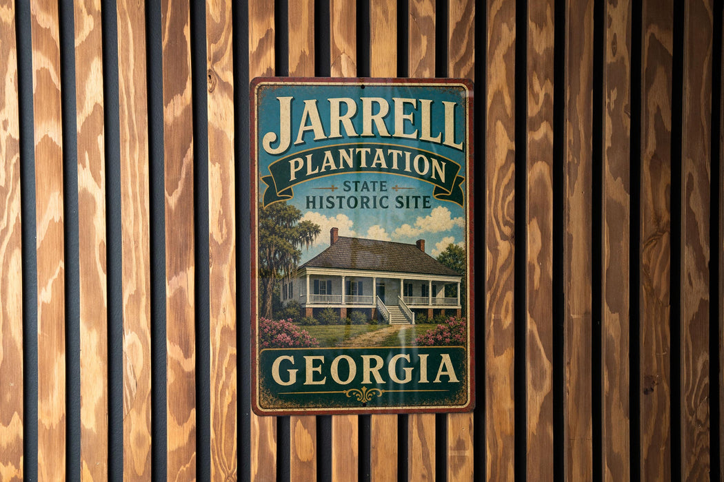 A vintage-style metal sign for the Jarrell Plantation State Historic Site in Georgia, featuring a house and palm trees.