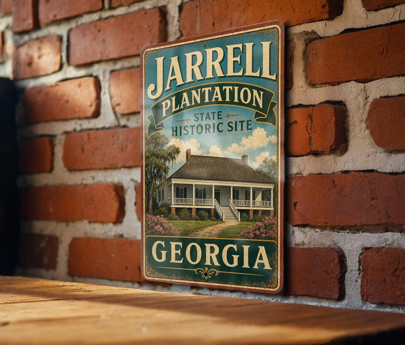 A vintage-style metal sign for the "Jarrell Plantation State Historic Site" in Georgia, featuring a house and a tree.