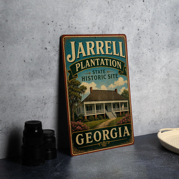 A vintage-style sign for the Jarrell Plantation State Historic Site in Georgia, featuring an illustration of a house surrounded by trees and flowers.