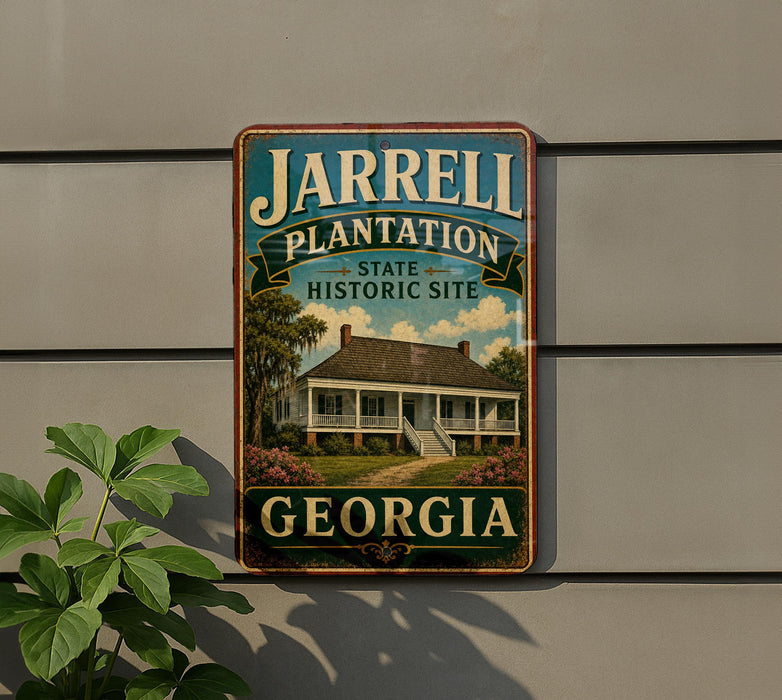 A vintage-style sign for the Jarrell Plantation State Historic Site in Georgia, featuring a house and palm trees.