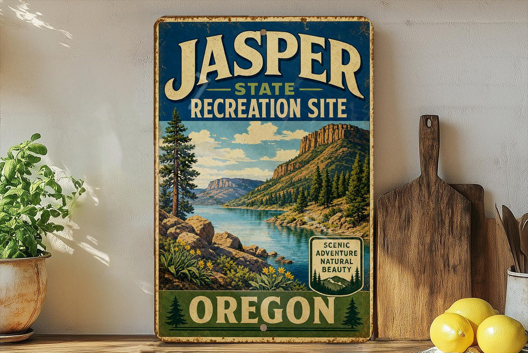 A vintage-style metal sign for the Jasper State Recreation Site in Oregon, featuring a scenic landscape with mountains, trees, and a river.