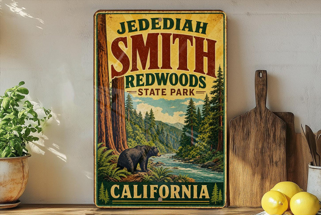 A vintage-style sign for Jedediaah Smith Redwoods State Park in California, featuring a scenic illustration of a bear in the foreground and a river in the background.