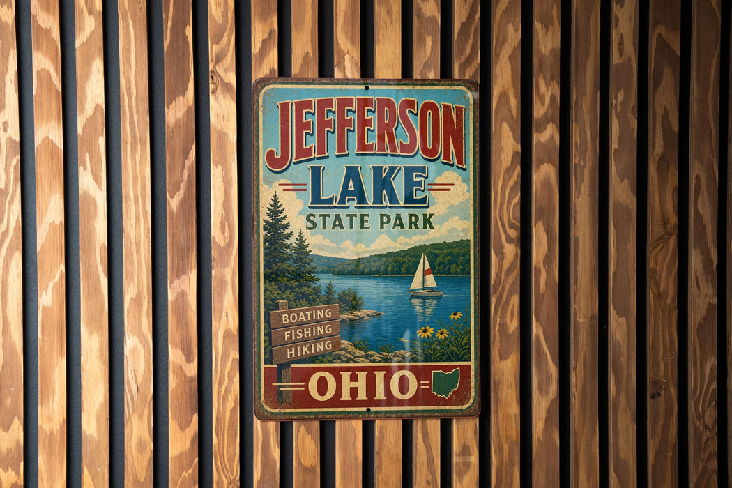 A vintage-style metal sign for Jefferson Lake State Park in Ohio, featuring a scenic illustration of the lake and surrounding landscape.