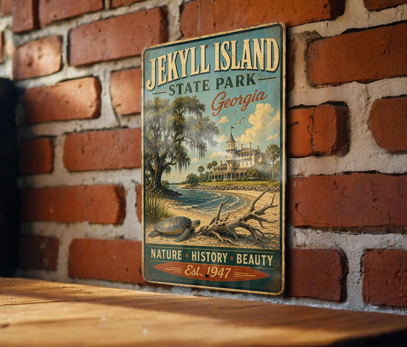 A vintage-style metal sign for Jekyll Island State Park in Georgia, featuring a scenic illustration of a beach, palm trees, and a building.