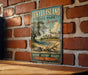 A vintage-style metal sign for Jekyll Island State Park in Georgia, featuring a scenic illustration of a beach, palm trees, and a building.