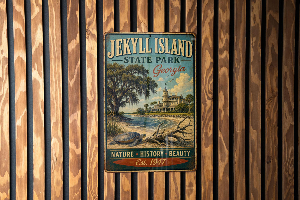A vintage-style metal sign for Jekyll Island State Park in Georgia, featuring a scenic illustration of a beach, palm trees, and a lighthouse.