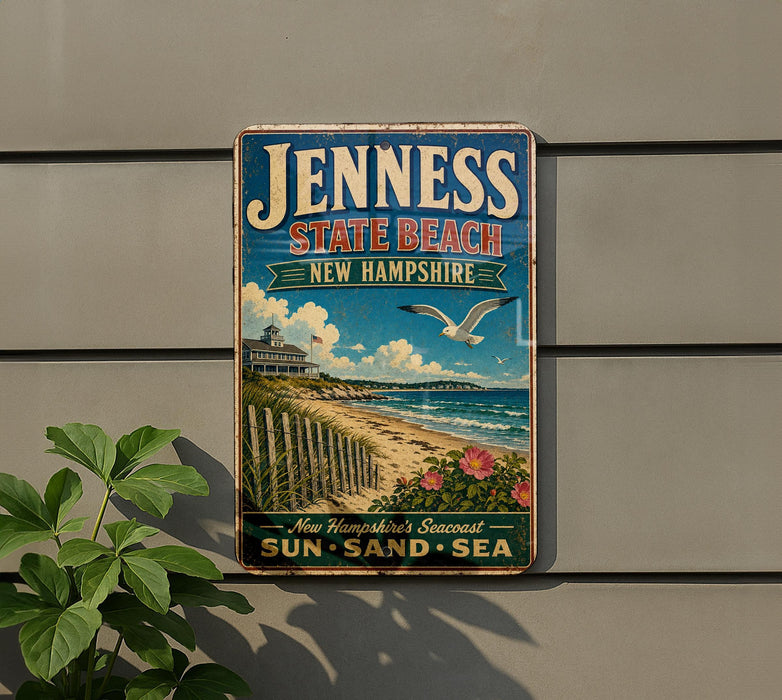 A vintage-style sign for Jenness State Beach in New Hampshire, featuring a beach scene with a lighthouse, palm trees, and a seagull.