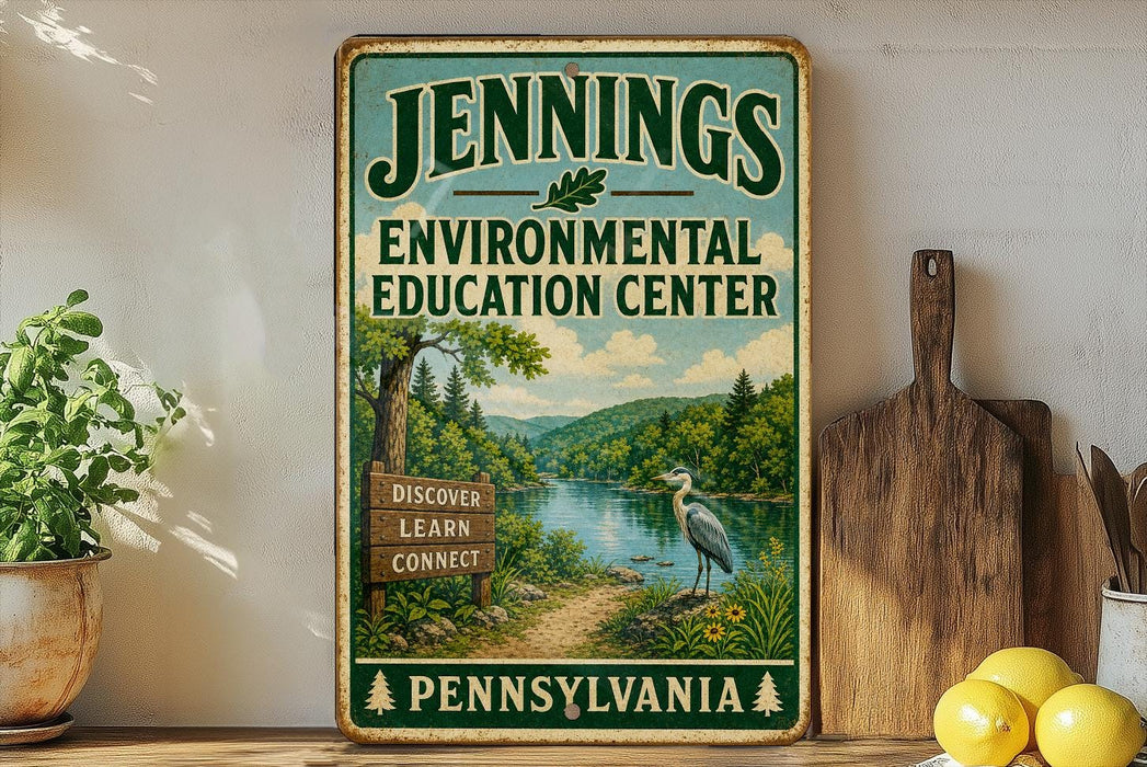 A vintage-style sign for the Jennings Environmental Education Center in Pennsylvania, featuring a scenic landscape with a river, trees, and a bird.