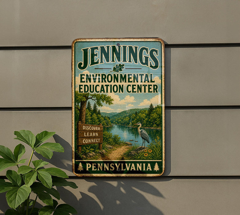 A metal sign for theENNINGS Environmental Education Center in Pennsylvania, featuring a scenic landscape with a bird and a path leading to a lake.