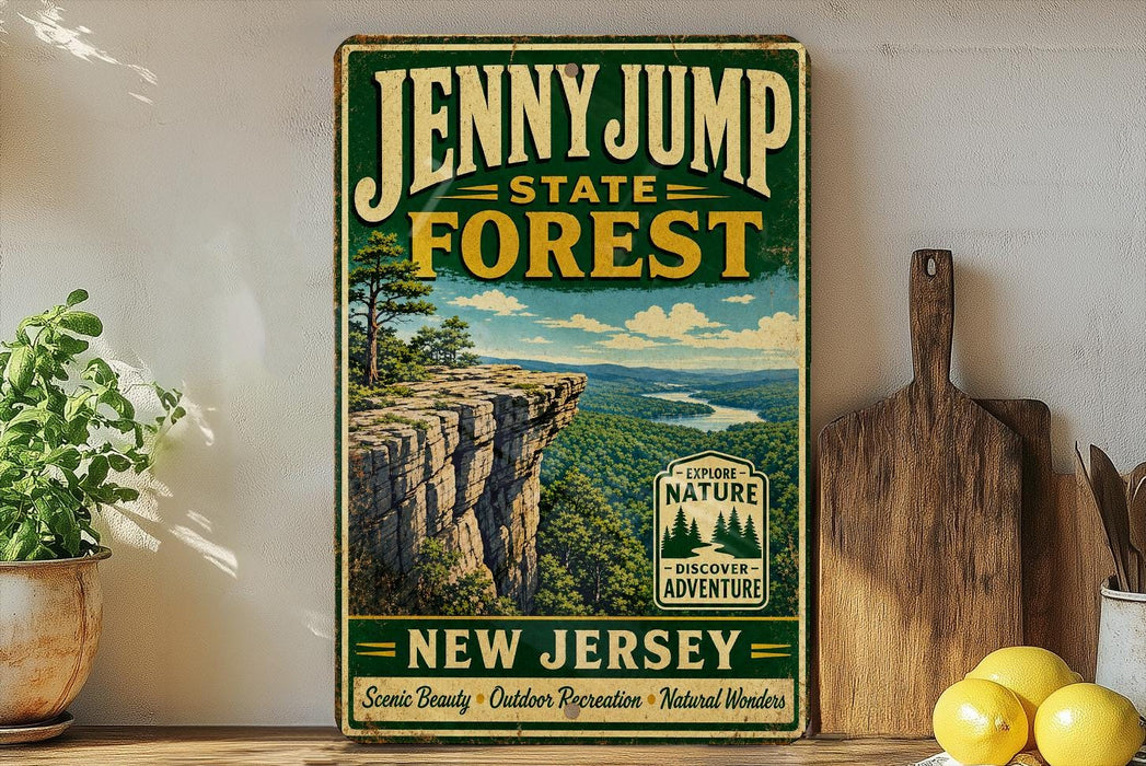 A vintage-style sign for the Jenny Jump State Forest in New Jersey, featuring a scenic mountain landscape with a cliff overlooking a river.