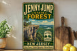 A vintage-style sign for the Jenny Jump State Forest in New Jersey, featuring a scenic mountain landscape with a cliff overlooking a river.