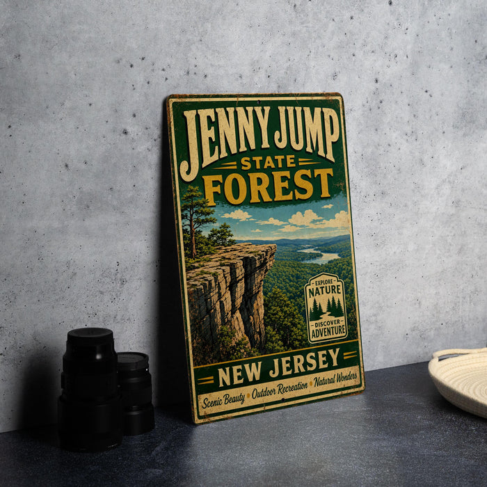 A vintage-style metal sign for the Jenny Jump State Forest in New Jersey, featuring a scenic cliffside landscape and the text "Jenny Jump State Forest" prominently displayed.