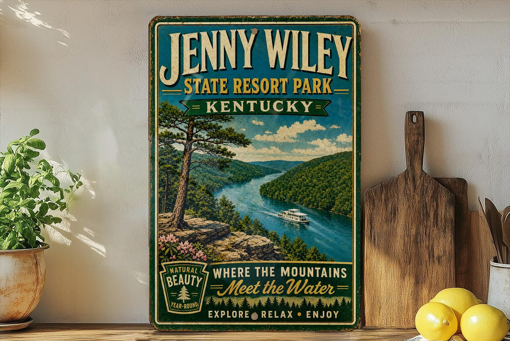 A vintage-style sign for Jenny Wiley State Resort Park in Kentucky, featuring a scenic mountain landscape with a river and a boat.