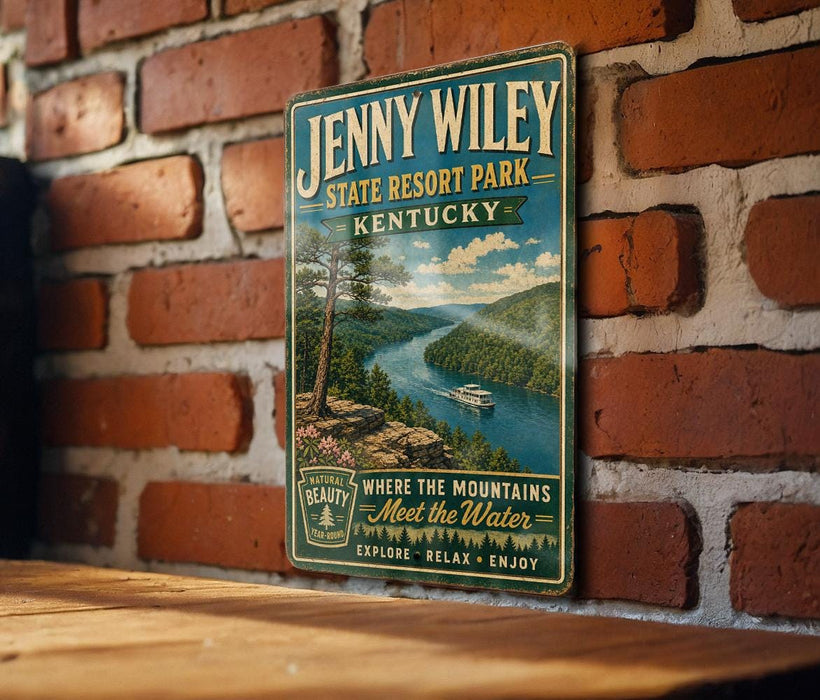 A vintage-style metal sign for Jenny Wiley State Resort Park in Kentucky, featuring a scenic image of a river and mountains.