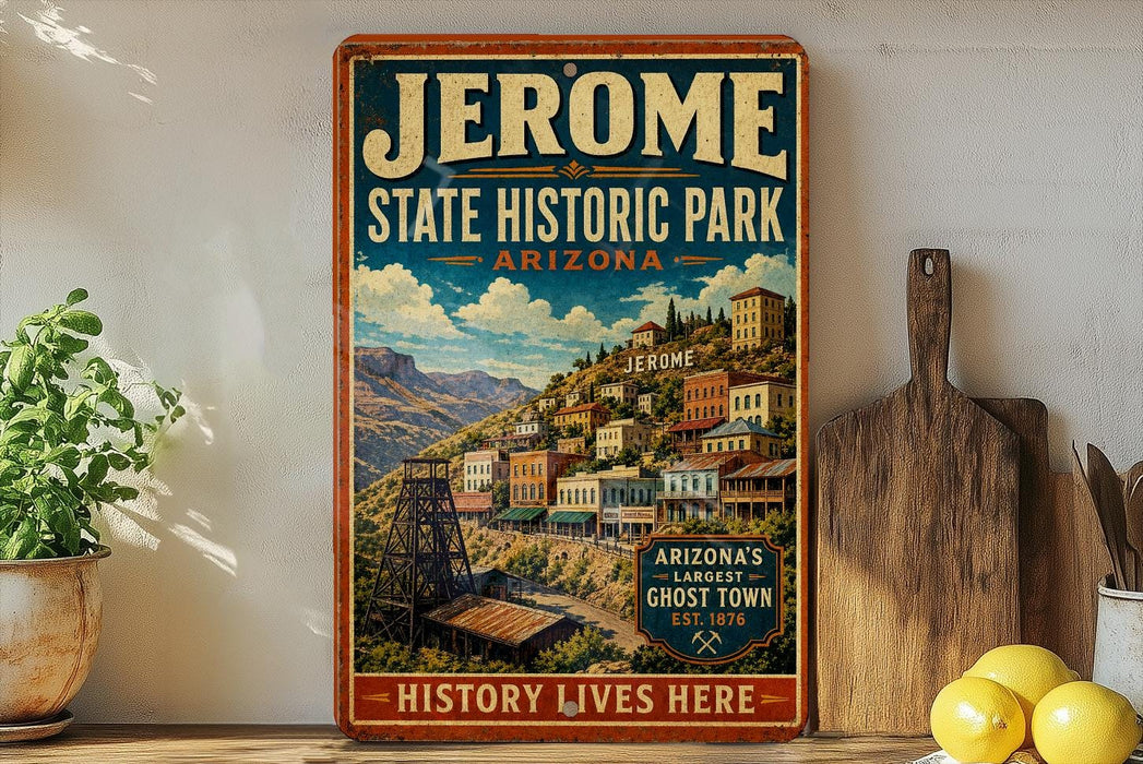 A vintage-style sign for Jerome State Historic Park in Arizona, featuring a scenic illustration of the town and mountains.