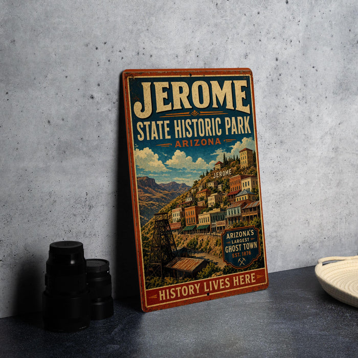 A vintage-style sign for Jerome State Historic Park in Arizona, featuring an illustration of a small town nestled in the mountains.