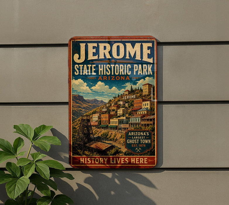 A vintage-style metal sign for Jerome State Historic Park in Arizona, featuring a colorful illustration of a small town nestled in the mountains.