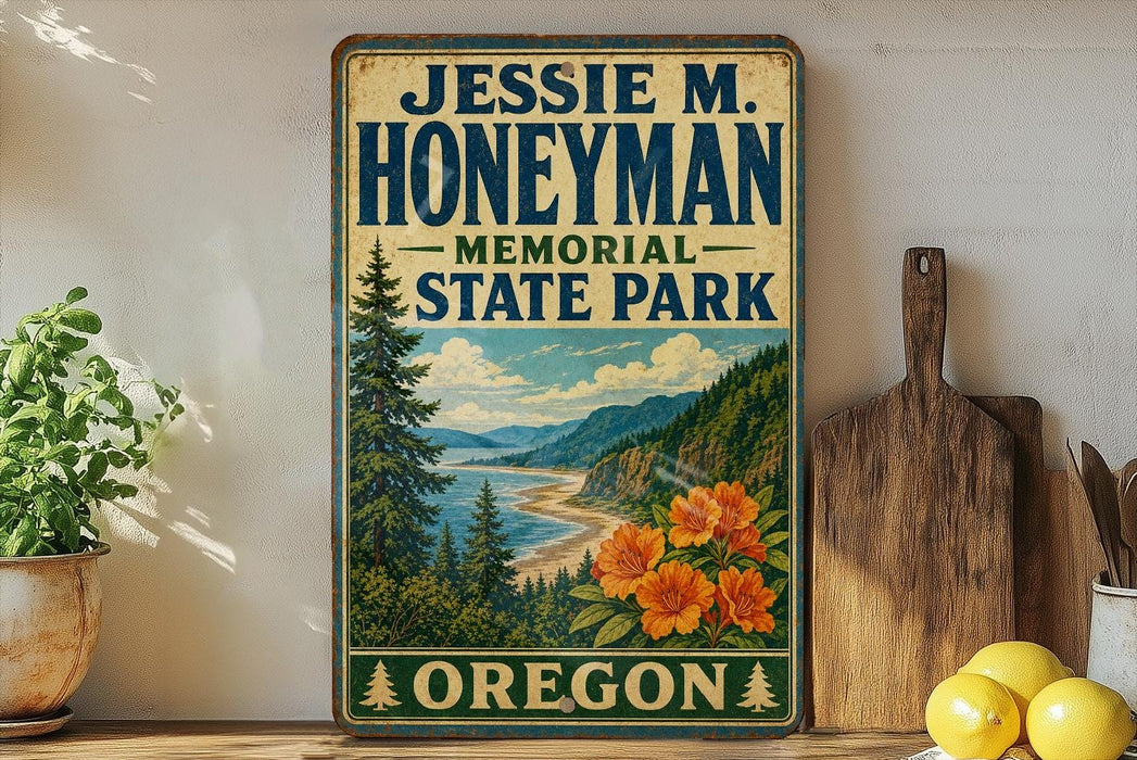 A vintage-style sign for Jessie M. Honeyman Memorial State Park in Oregon, featuring a scenic landscape with pine trees, mountains, and a river.
