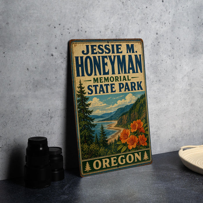 A vintage-style metal sign for Jessie M. Honeyman Memorial State Park in Oregon, featuring a scenic landscape with pine trees, mountains, and a river.