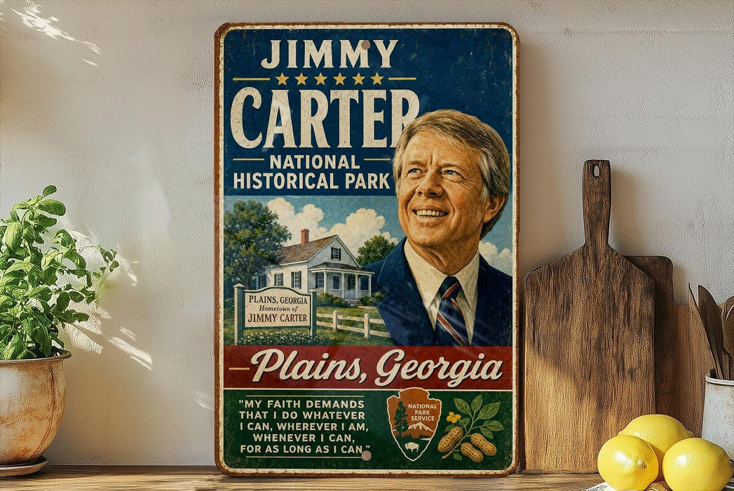 A vintage-style poster featuring a portrait of a man, likely Jimmy Carter, with text promoting the National Historical Park in Plains, Georgia.