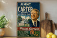 A vintage-style poster featuring a portrait of a man, likely Jimmy Carter, with text promoting the National Historical Park in Plains, Georgia.