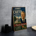 A vintage-style metal sign featuring a portrait of former President Jimmy Carter, with text promoting National Historical Park in Plains, Georgia.