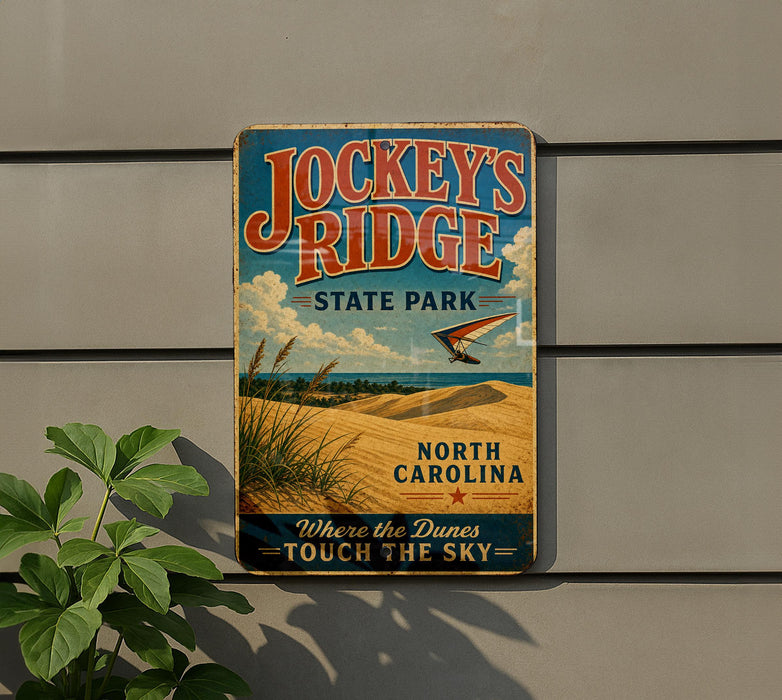 A vintage-style metal sign for Jockey's Ridge State Park in North Carolina, featuring a beach scene and a hang glider.