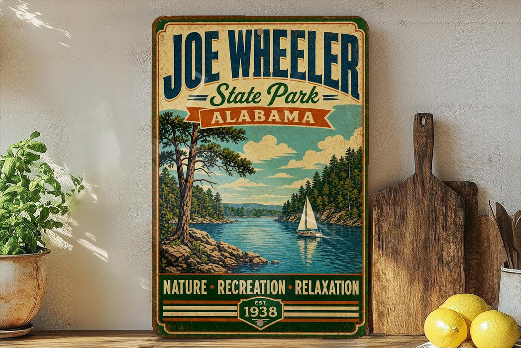 A vintage-style poster of Joe Wheeler State Park in Alabama, featuring a scenic landscape with a lake, trees, and a sailboat.
