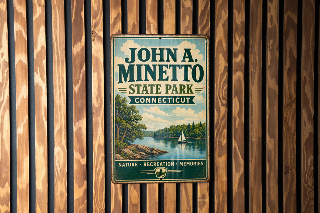A vintage metal sign for John A. Minetto State Park in Connecticut, featuring a scenic landscape with a lake, trees, and a sailboat.
